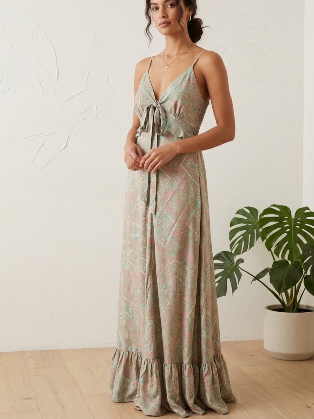 Rhea Kalami Tie-Front/Smocking in Back Maxi Dress in Sage Pink New! small